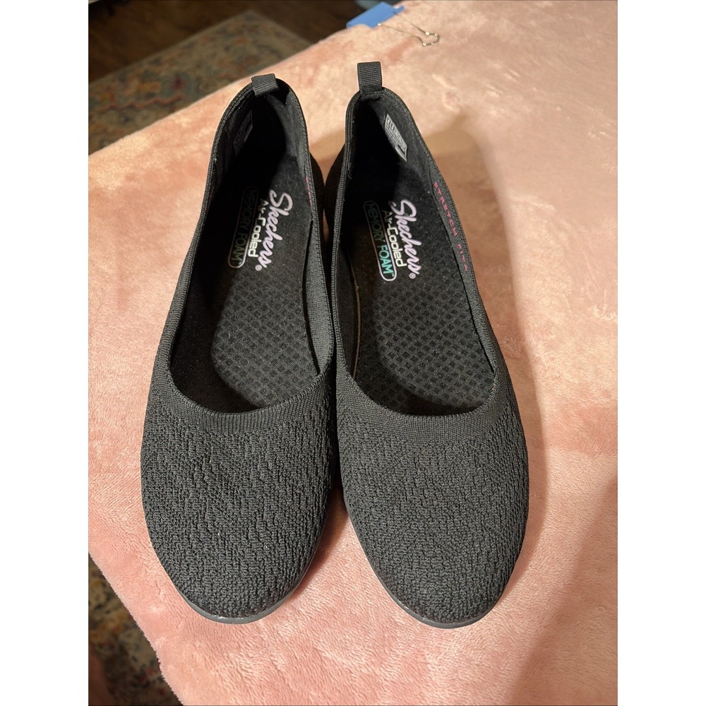 Skechers Women Black Knit Ballet Flats Air Cooled Memory Foam Stretch Fit Size 8
